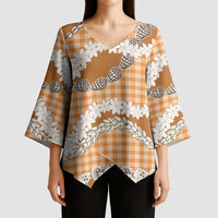 Orange Hawaii Tiare and Shell Lei Kimono Sleeve Blouse Hawaiian Palaka Luxury Vibes LT14 - Polynesian Pride