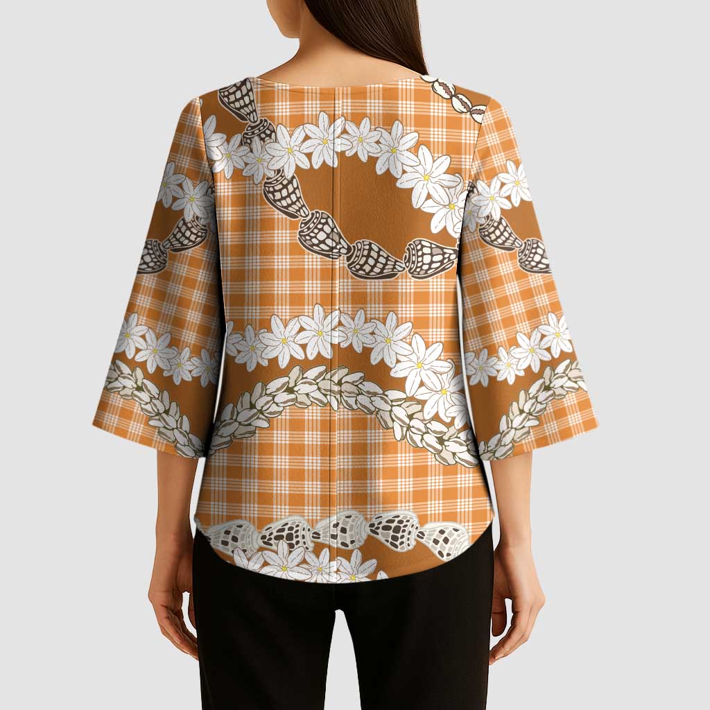 Orange Hawaii Tiare and Shell Lei Kimono Sleeve Blouse Hawaiian Palaka Luxury Vibes LT14 - Polynesian Pride