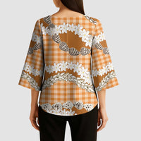 Orange Hawaii Tiare and Shell Lei Kimono Sleeve Blouse Hawaiian Palaka Luxury Vibes LT14 - Polynesian Pride
