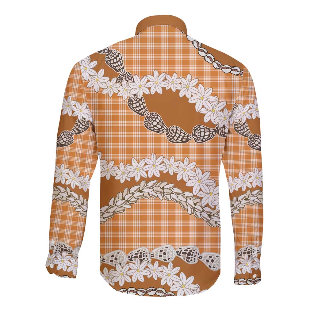 Orange Hawaii Tiare and Shell Lei Long Sleeve Button Shirt Hawaiian Palaka Luxury Vibes LT14 - Polynesian Pride
