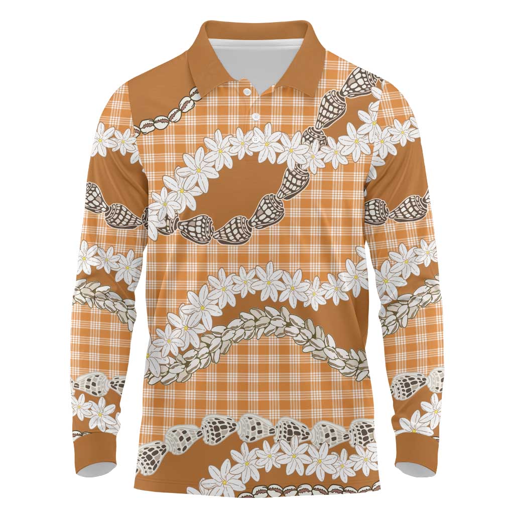 Orange Hawaii Tiare and Shell Lei Long Sleeve Polo Shirt Hawaiian Palaka Luxury Vibes LT14 Orange - Polynesian Pride