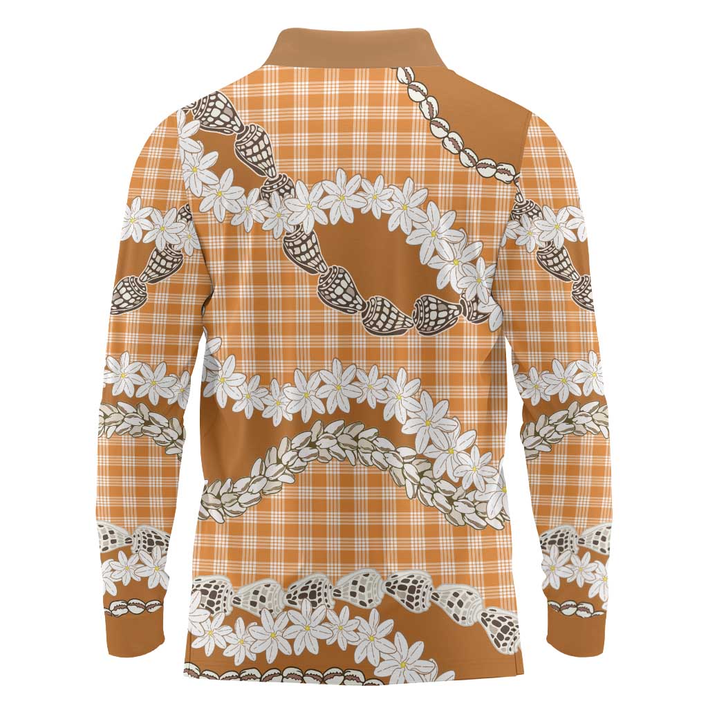 Orange Hawaii Tiare and Shell Lei Long Sleeve Polo Shirt Hawaiian Palaka Luxury Vibes LT14 - Polynesian Pride