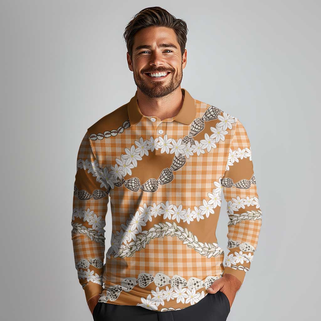 Orange Hawaii Tiare and Shell Lei Long Sleeve Polo Shirt Hawaiian Palaka Luxury Vibes LT14 - Polynesian Pride