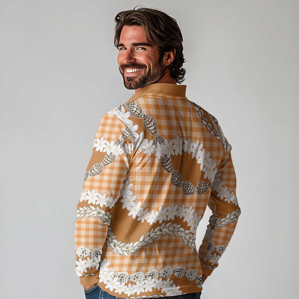Orange Hawaii Tiare and Shell Lei Long Sleeve Polo Shirt Hawaiian Palaka Luxury Vibes LT14 - Polynesian Pride