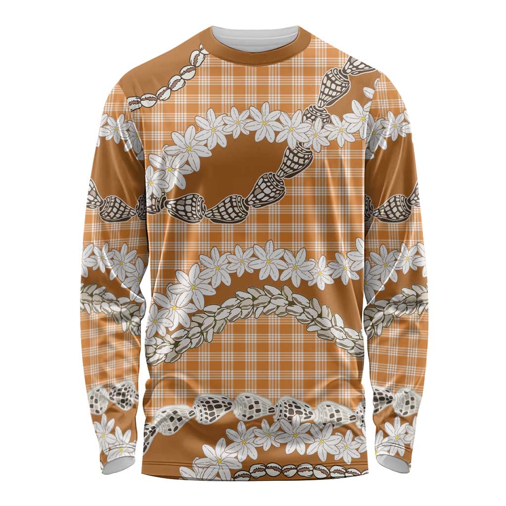 Orange Hawaii Tiare and Shell Lei Long Sleeve Shirt Hawaiian Palaka Luxury Vibes LT14 Unisex Orange - Polynesian Pride
