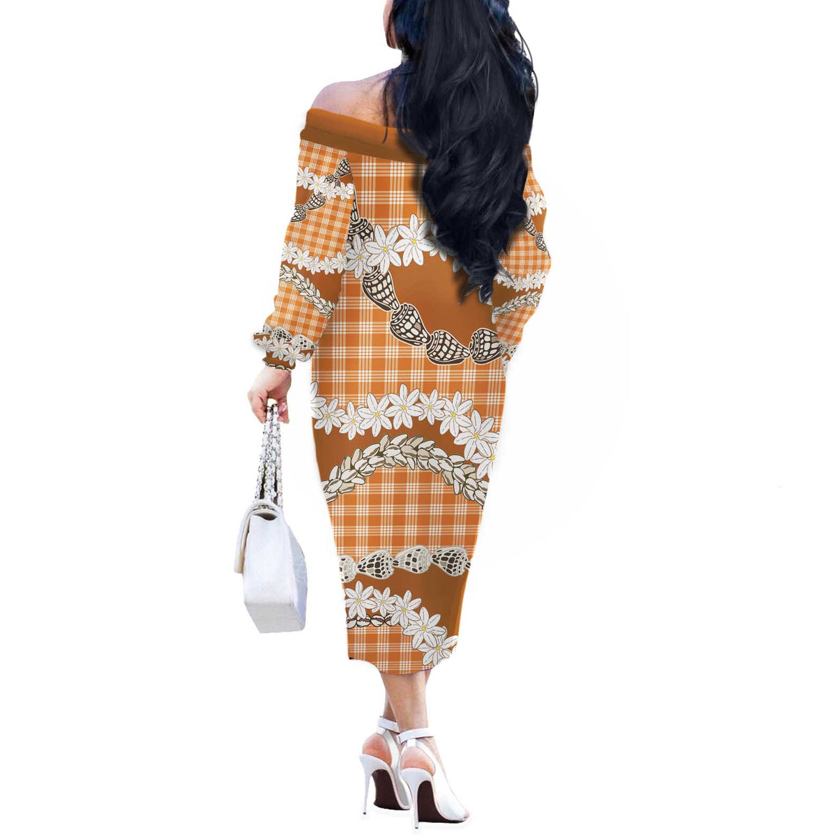 Orange Hawaii Tiare and Shell Lei Off The Shoulder Long Sleeve Dress Hawaiian Palaka Luxury Vibes - Polynesian Pride