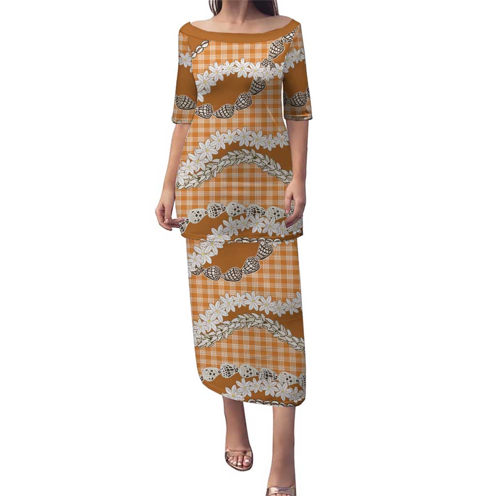 Orange Hawaii Tiare and Shell Lei Puletasi Hawaiian Palaka Luxury Vibes LT14 Long Dress Orange - Polynesian Pride