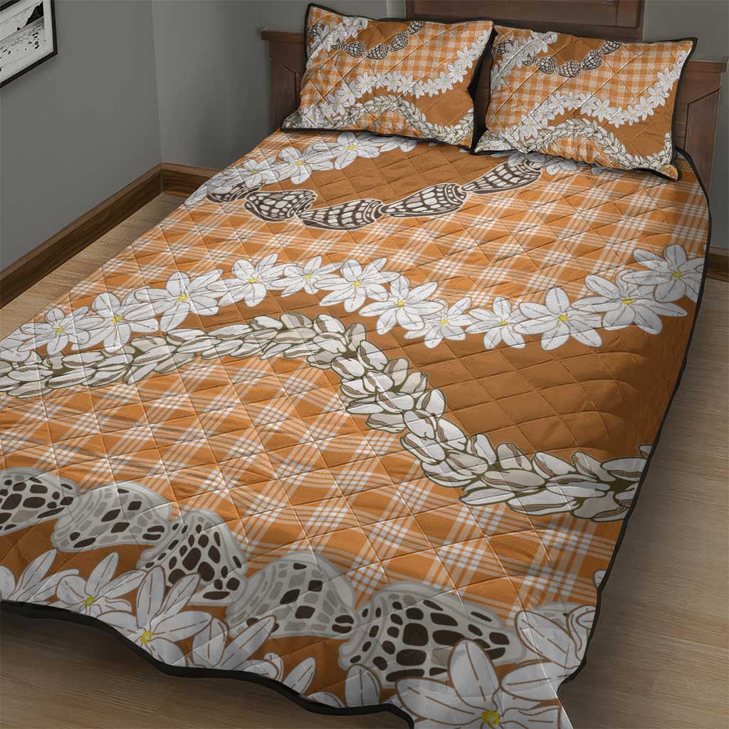 Orange Hawaii Tiare and Shell Lei Quilt Bed Set Hawaiian Palaka Luxury Vibes - Polynesian Pride