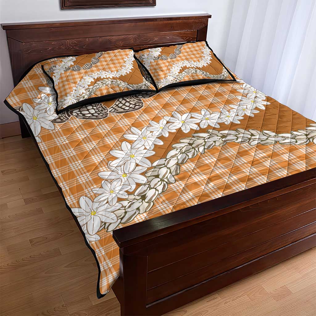 Orange Hawaii Tiare and Shell Lei Quilt Bed Set Hawaiian Palaka Luxury Vibes - Polynesian Pride