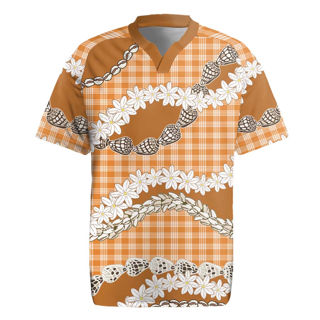 Orange Hawaii Tiare and Shell Lei Rugby Jersey Hawaiian Palaka Luxury Vibes LT14 Orange - Polynesian Pride