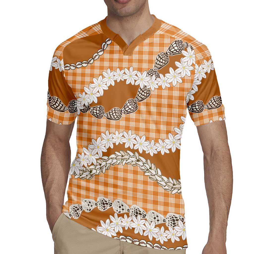 Orange Hawaii Tiare and Shell Lei Rugby Jersey Hawaiian Palaka Luxury Vibes LT14 - Polynesian Pride