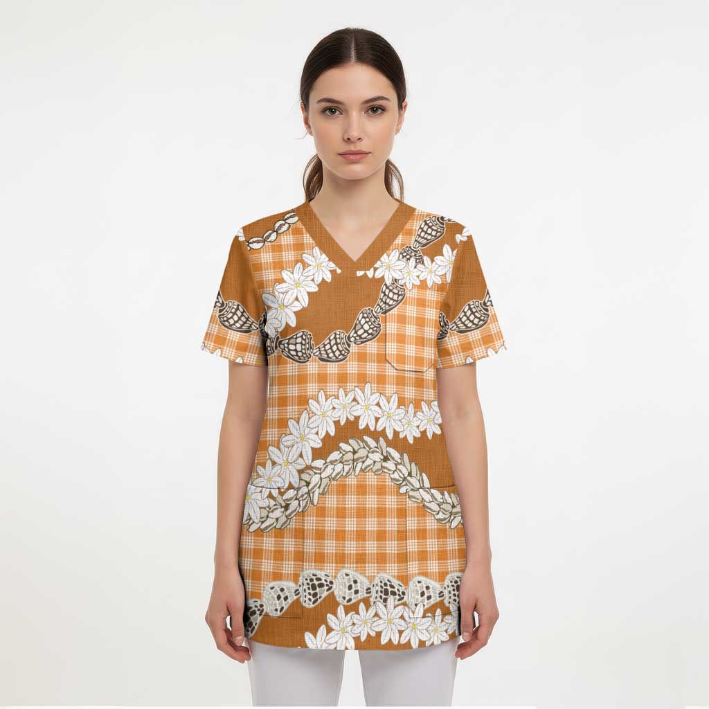 Orange Hawaii Tiare and Shell Lei Scrub Top Hawaiian Palaka Luxury Vibes LT14 - Polynesian Pride
