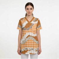 Orange Hawaii Tiare and Shell Lei Scrub Top Hawaiian Palaka Luxury Vibes LT14 - Polynesian Pride