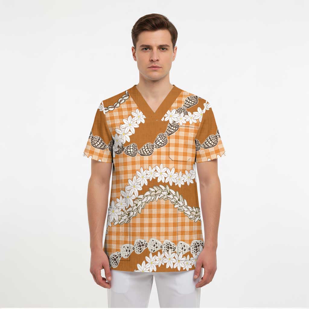 Orange Hawaii Tiare and Shell Lei Scrub Top Hawaiian Palaka Luxury Vibes LT14 - Polynesian Pride