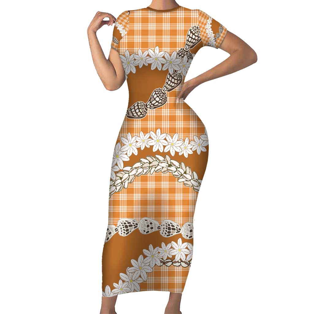 Orange Hawaii Tiare and Shell Lei Short Sleeve Bodycon Dress Hawaiian Palaka Luxury Vibes - Polynesian Pride