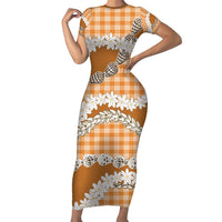 Orange Hawaii Tiare and Shell Lei Short Sleeve Bodycon Dress Hawaiian Palaka Luxury Vibes - Polynesian Pride