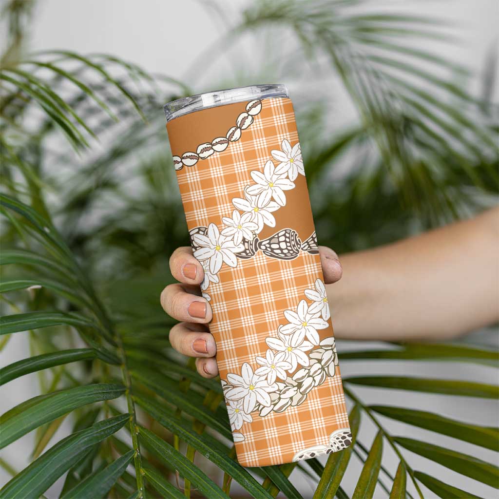 Orange Hawaii Tiare and Shell Lei Skinny Tumbler Hawaiian Palaka Luxury Vibes - Polynesian Pride
