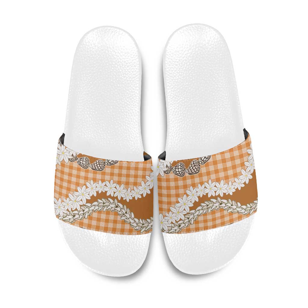 Orange Hawaii Tiare and Shell Lei Slide Sandals Hawaiian Palaka Luxury Vibes - Polynesian Pride