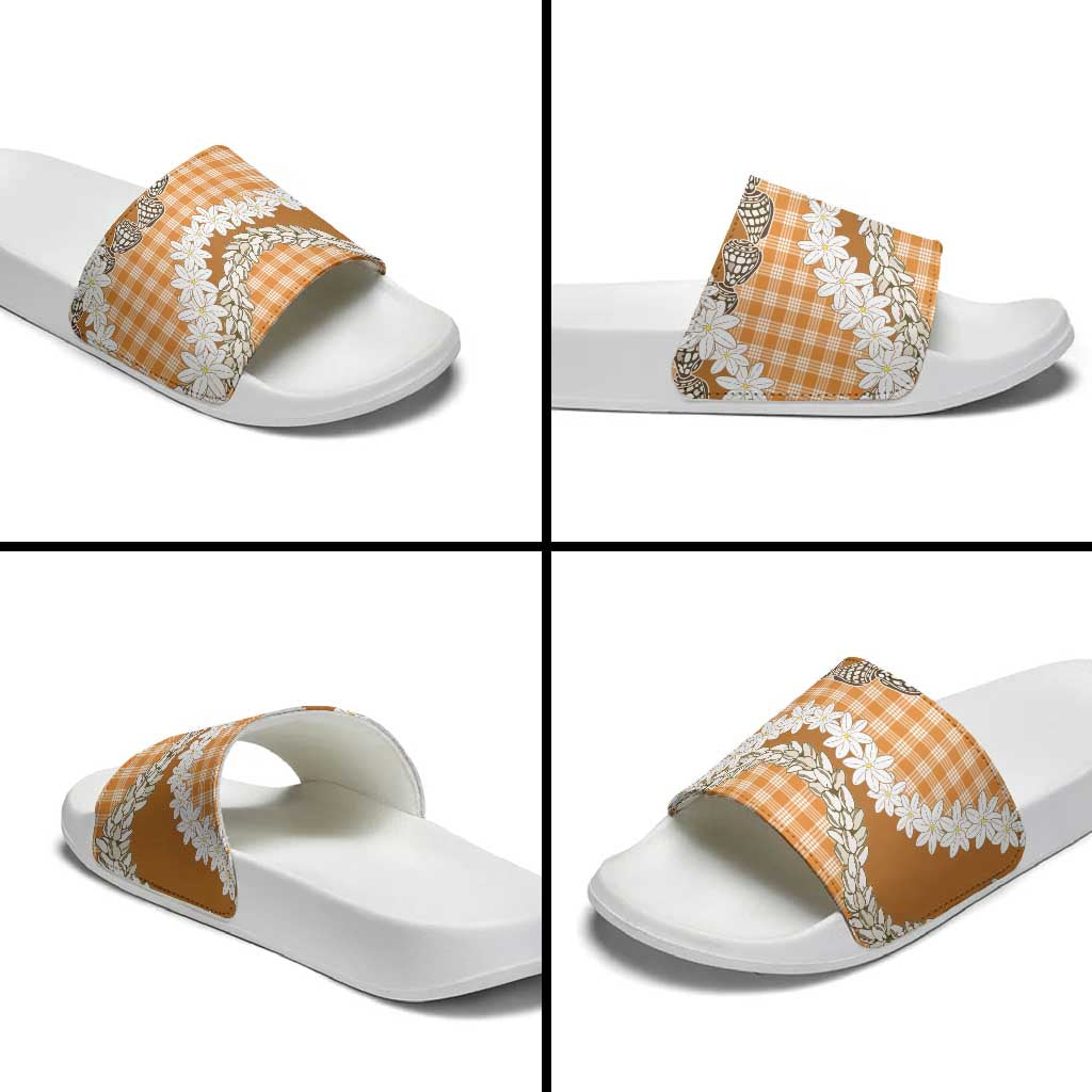 Orange Hawaii Tiare and Shell Lei Slide Sandals Hawaiian Palaka Luxury Vibes - Polynesian Pride