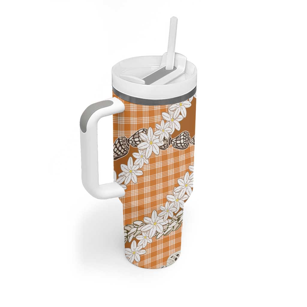 Orange Hawaii Tiare and Shell Lei Tumbler With Handle Hawaiian Palaka Luxury Vibes - Polynesian Pride