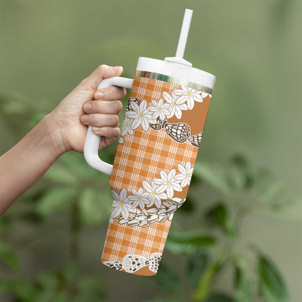 Orange Hawaii Tiare and Shell Lei Tumbler With Handle Hawaiian Palaka Luxury Vibes - Polynesian Pride