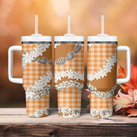 Orange Hawaii Tiare and Shell Lei Tumbler With Handle Hawaiian Palaka Luxury Vibes - Polynesian Pride