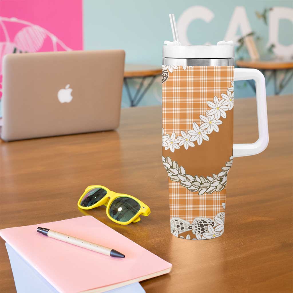 Orange Hawaii Tiare and Shell Lei Tumbler With Handle Hawaiian Palaka Luxury Vibes - Polynesian Pride
