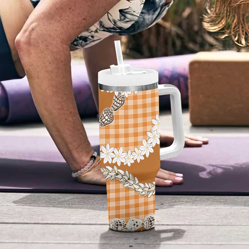 Orange Hawaii Tiare and Shell Lei Tumbler With Handle Hawaiian Palaka Luxury Vibes - Polynesian Pride