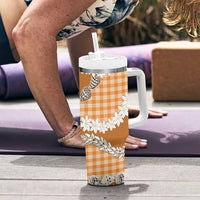 Orange Hawaii Tiare and Shell Lei Tumbler With Handle Hawaiian Palaka Luxury Vibes - Polynesian Pride