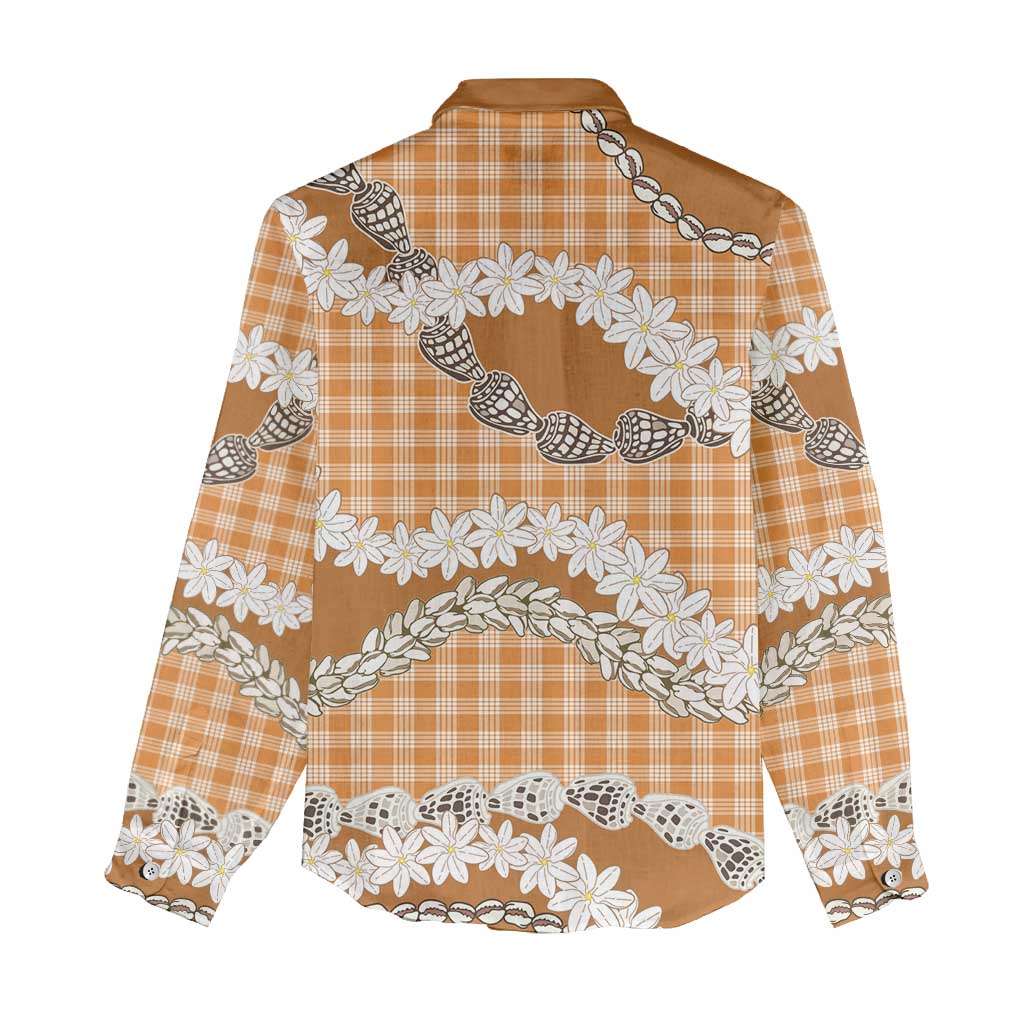 Orange Hawaii Tiare and Shell Lei Women Casual Shirt Hawaiian Palaka Luxury Vibes - Polynesian Pride