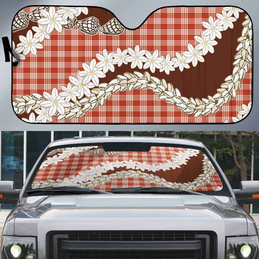 Red Hawaii Tiare and Shell Lei Auto Sun Shade Hawaiian Palaka Luxury Vibes - Polynesian Pride