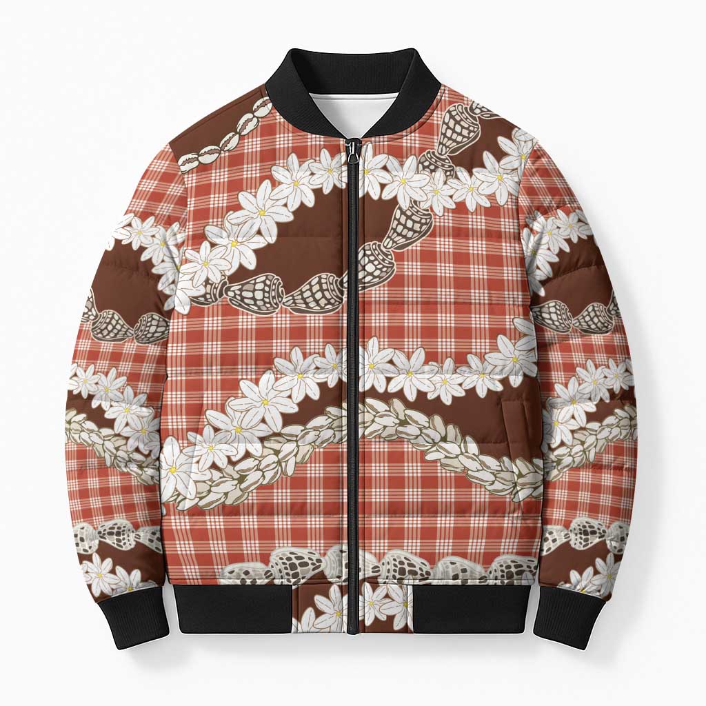 Red Hawaii Tiare and Shell Lei Bomber Puffer Jacket Hawaiian Palaka Luxury Vibes LT14 Unisex Red - Polynesian Pride
