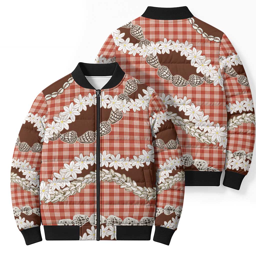 Red Hawaii Tiare and Shell Lei Bomber Puffer Jacket Hawaiian Palaka Luxury Vibes LT14 - Polynesian Pride