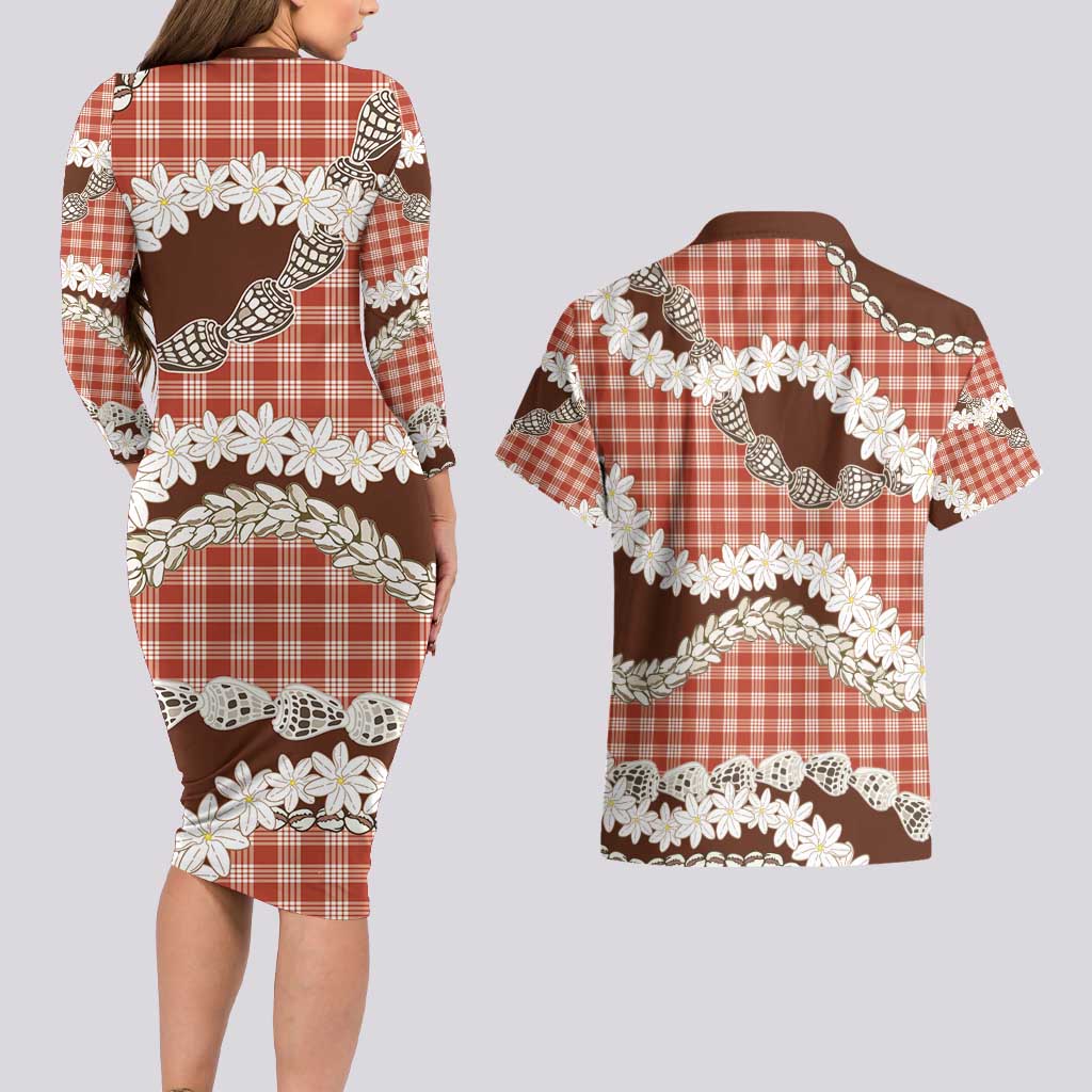 Red Hawaii Tiare and Shell Lei Couples Matching Long Sleeve Bodycon Dress and Hawaiian Shirt Hawaiian Palaka Luxury Vibes - Polynesian Pride
