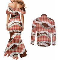 Red Hawaii Tiare and Shell Lei Couples Matching Mermaid Dress and Long Sleeve Button Shirt Hawaiian Palaka Luxury Vibes - Polynesian Pride