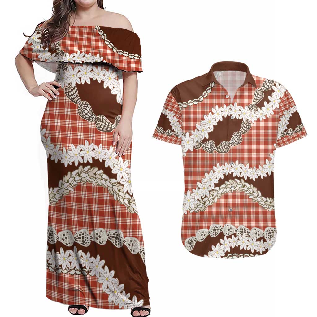 Red Hawaii Tiare and Shell Lei Couples Matching Off Shoulder Maxi Dress and Hawaiian Shirt Hawaiian Palaka Luxury Vibes - Polynesian Pride