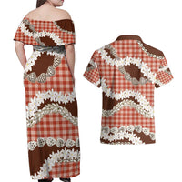 Red Hawaii Tiare and Shell Lei Couples Matching Off Shoulder Maxi Dress and Hawaiian Shirt Hawaiian Palaka Luxury Vibes - Polynesian Pride