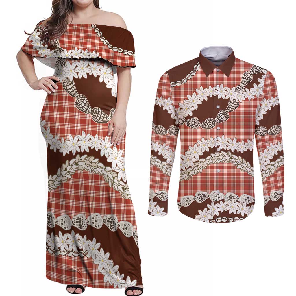 Red Hawaii Tiare and Shell Lei Couples Matching Off Shoulder Maxi Dress and Long Sleeve Button Shirt Hawaiian Palaka Luxury Vibes - Polynesian Pride