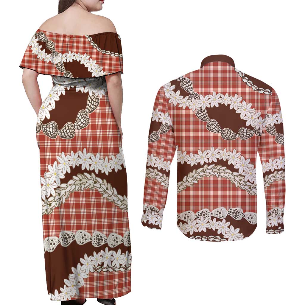 Red Hawaii Tiare and Shell Lei Couples Matching Off Shoulder Maxi Dress and Long Sleeve Button Shirt Hawaiian Palaka Luxury Vibes - Polynesian Pride