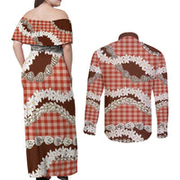 Red Hawaii Tiare and Shell Lei Couples Matching Off Shoulder Maxi Dress and Long Sleeve Button Shirt Hawaiian Palaka Luxury Vibes - Polynesian Pride
