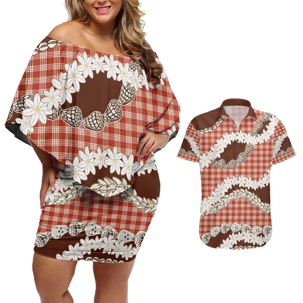 Red Hawaii Tiare and Shell Lei Couples Matching Off Shoulder Short Dress and Hawaiian Shirt Hawaiian Palaka Luxury Vibes - Polynesian Pride