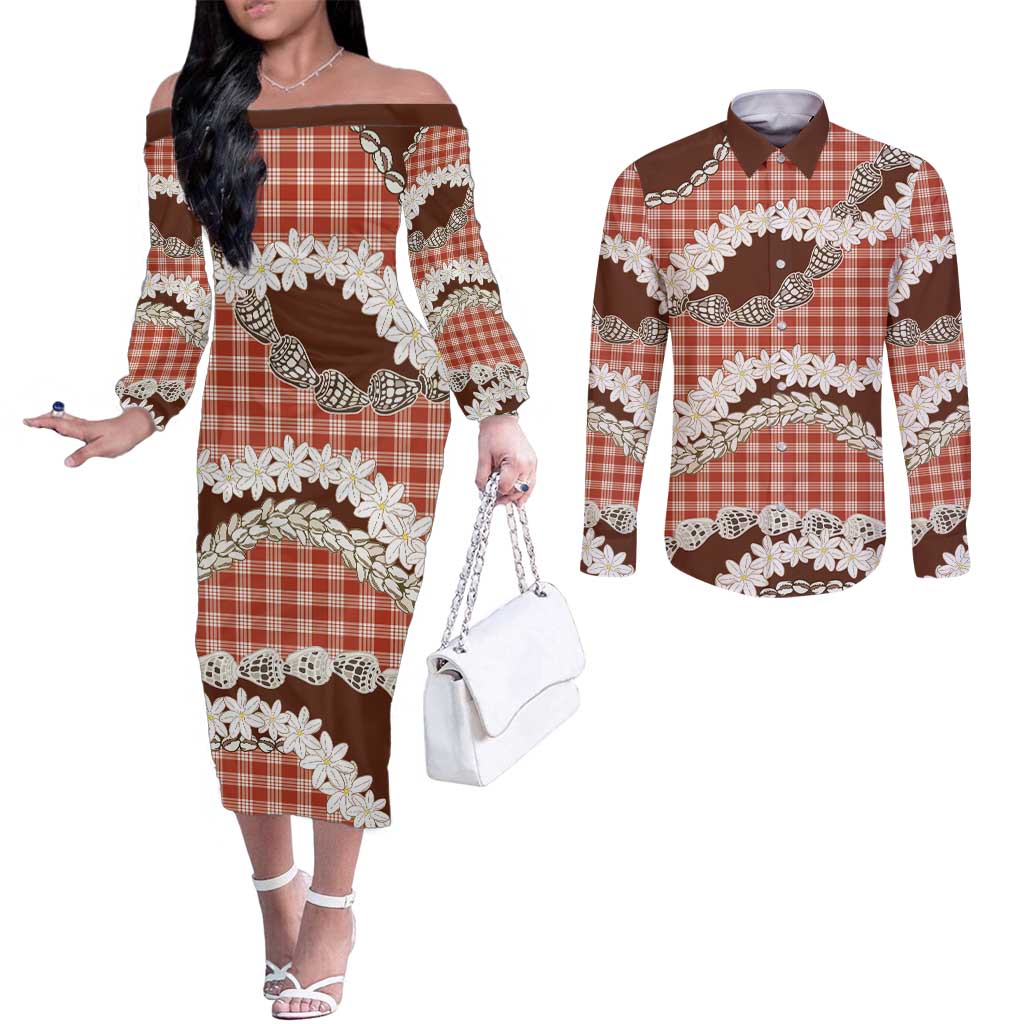 Red Hawaii Tiare and Shell Lei Couples Matching Off The Shoulder Long Sleeve Dress and Long Sleeve Button Shirt Hawaiian Palaka Luxury Vibes - Polynesian Pride