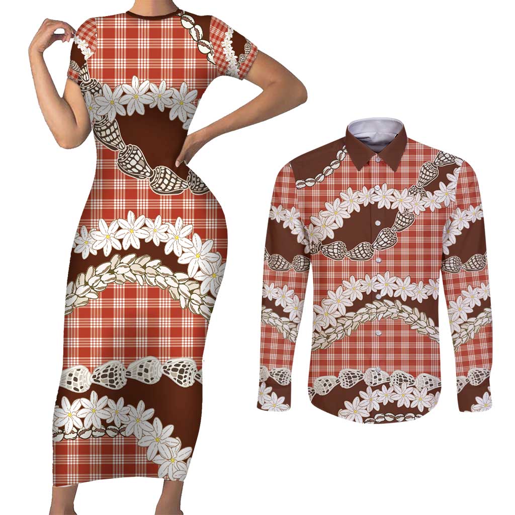 Red Hawaii Tiare and Shell Lei Couples Matching Short Sleeve Bodycon Dress and Long Sleeve Button Shirt Hawaiian Palaka Luxury Vibes - Polynesian Pride
