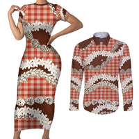 Red Hawaii Tiare and Shell Lei Couples Matching Short Sleeve Bodycon Dress and Long Sleeve Button Shirt Hawaiian Palaka Luxury Vibes - Polynesian Pride