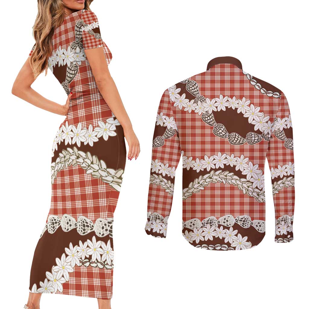 Red Hawaii Tiare and Shell Lei Couples Matching Short Sleeve Bodycon Dress and Long Sleeve Button Shirt Hawaiian Palaka Luxury Vibes - Polynesian Pride