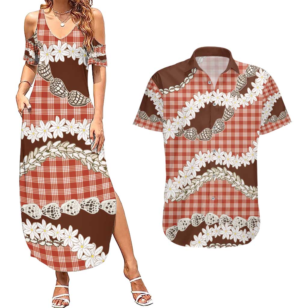 Red Hawaii Tiare and Shell Lei Couples Matching Summer Maxi Dress and Hawaiian Shirt Hawaiian Palaka Luxury Vibes - Polynesian Pride