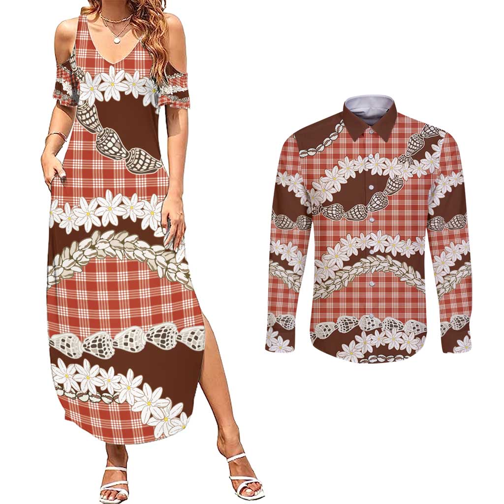 Red Hawaii Tiare and Shell Lei Couples Matching Summer Maxi Dress and Long Sleeve Button Shirt Hawaiian Palaka Luxury Vibes - Polynesian Pride