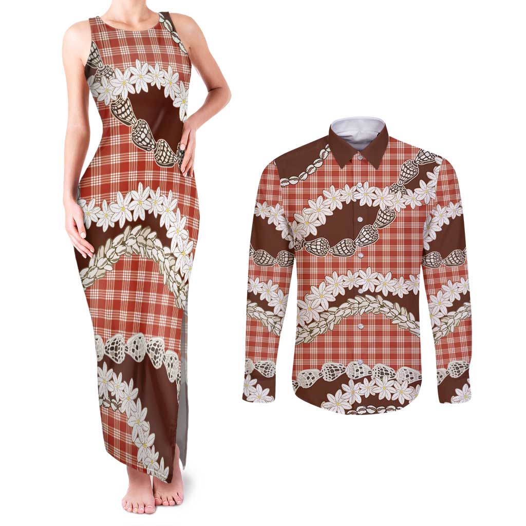 Red Hawaii Tiare and Shell Lei Couples Matching Tank Maxi Dress and Long Sleeve Button Shirt Hawaiian Palaka Luxury Vibes - Polynesian Pride