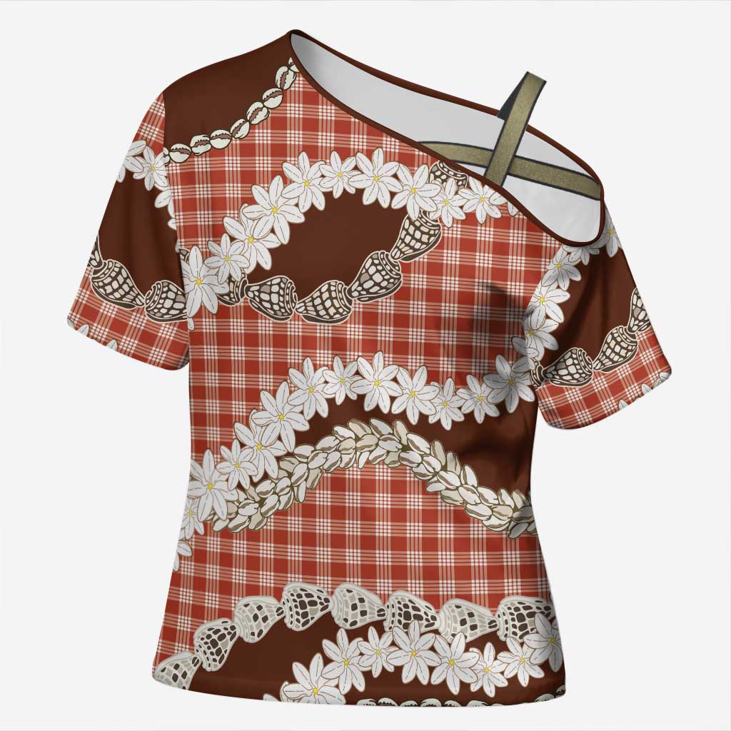 Red Hawaii Tiare and Shell Lei Cross Shoulder Shirt Hawaiian Palaka Luxury Vibes - Polynesian Pride