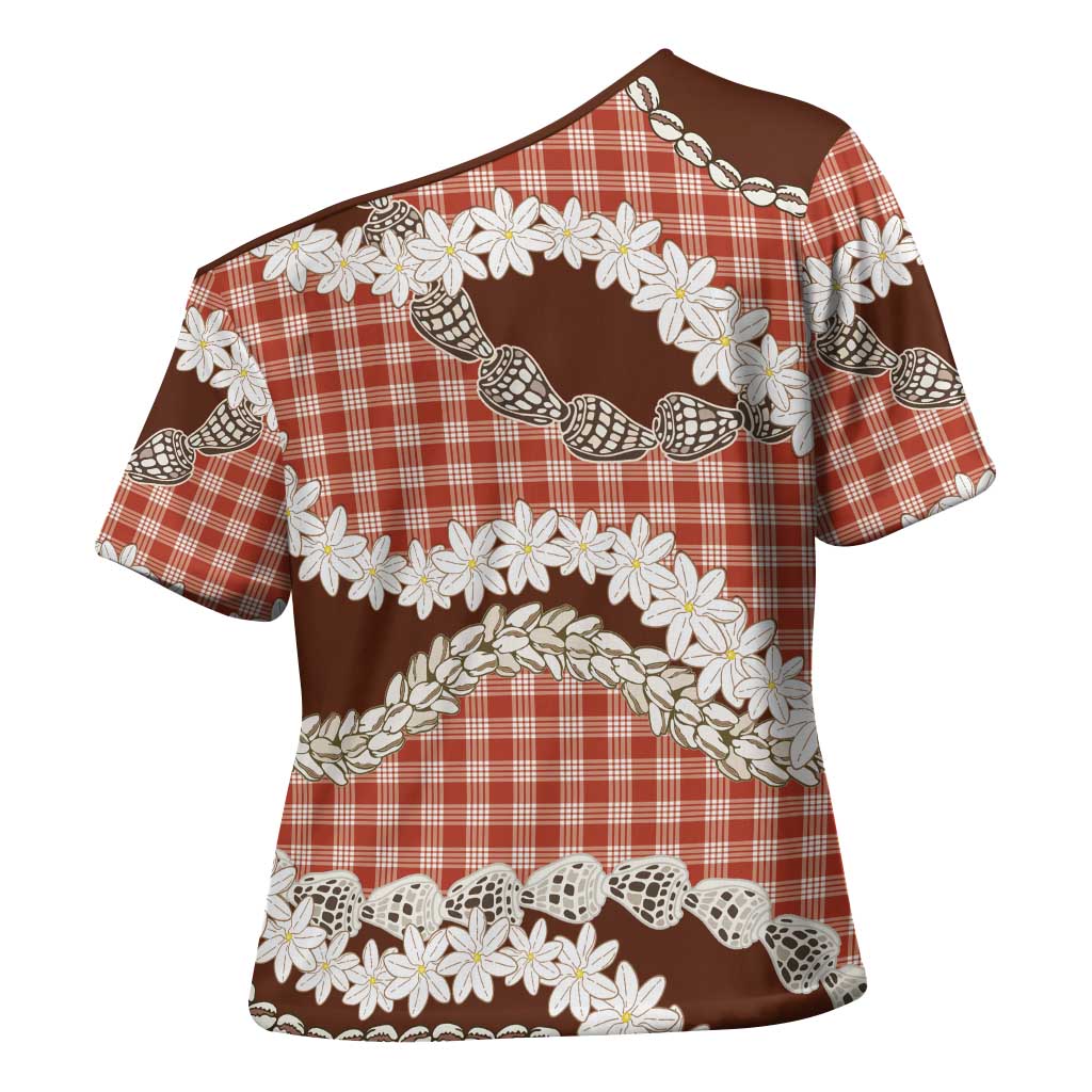 Red Hawaii Tiare and Shell Lei Cross Shoulder Shirt Hawaiian Palaka Luxury Vibes - Polynesian Pride